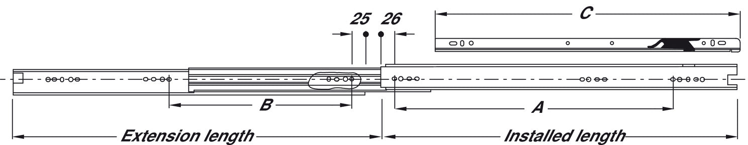 7407 BB Drawer Runner w M/Rail Full 45kg 450mm