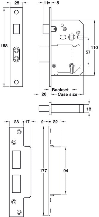 5 Lvr Mortice Sashlock 44/64mm SSS KA