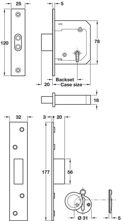 5 Lvr Mortice Deadlock 57/76mm PB KA