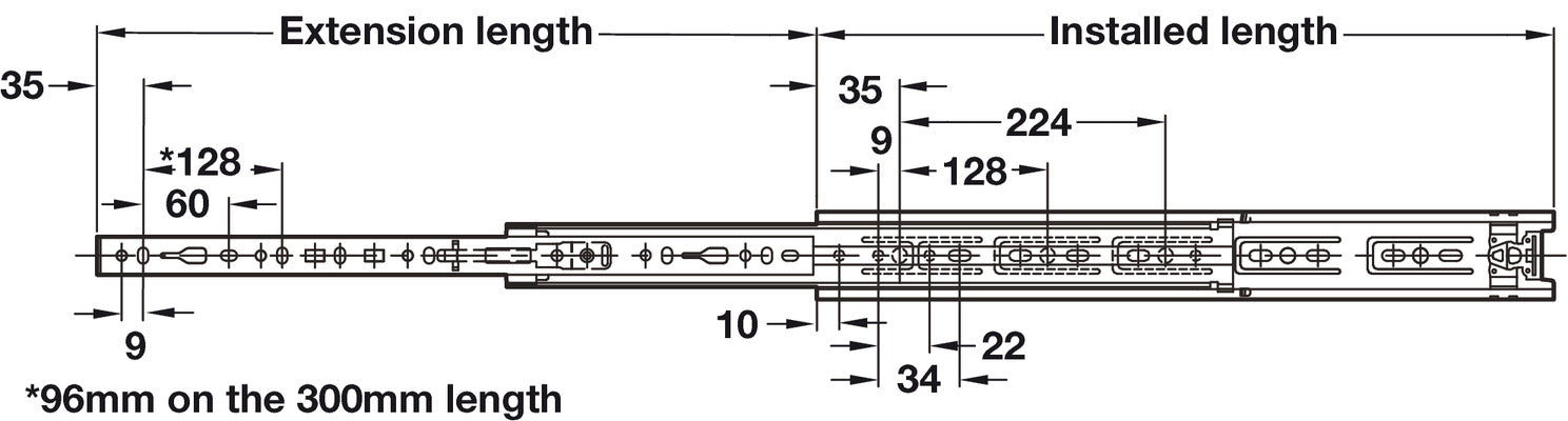 3732 BB Drawer Runner Full 40kg 600mm BZP