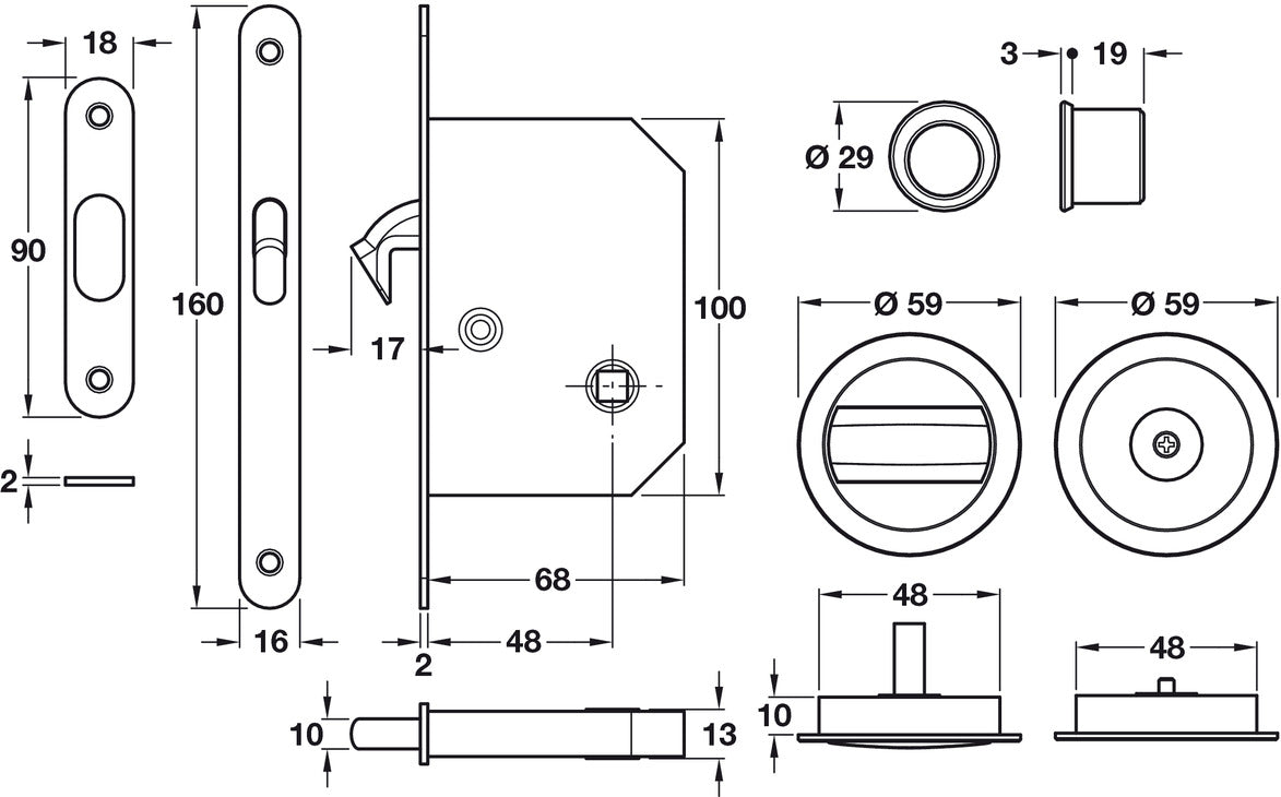 WC Sld Dr Lock w Hookbolt 50/68mm PC