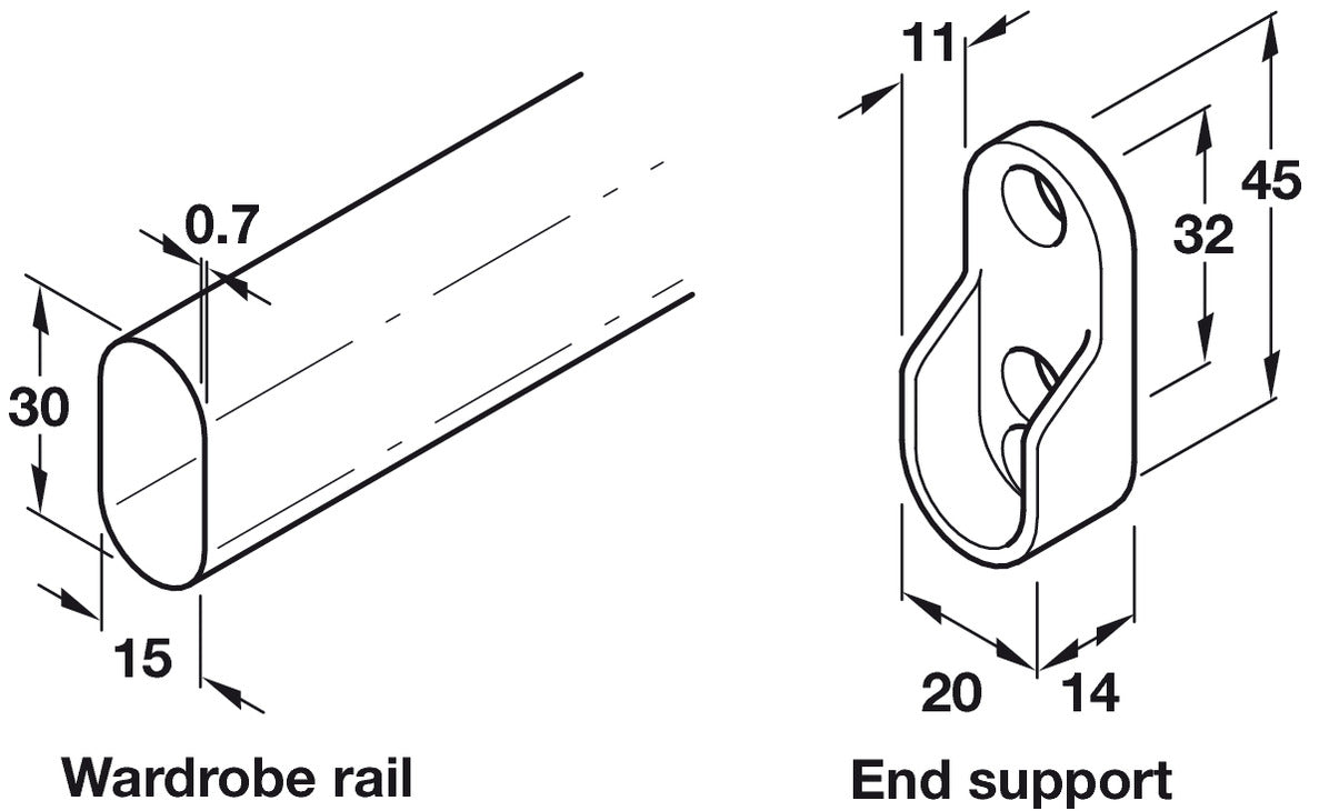 W/Robe Rail Set 450mm/Single PC