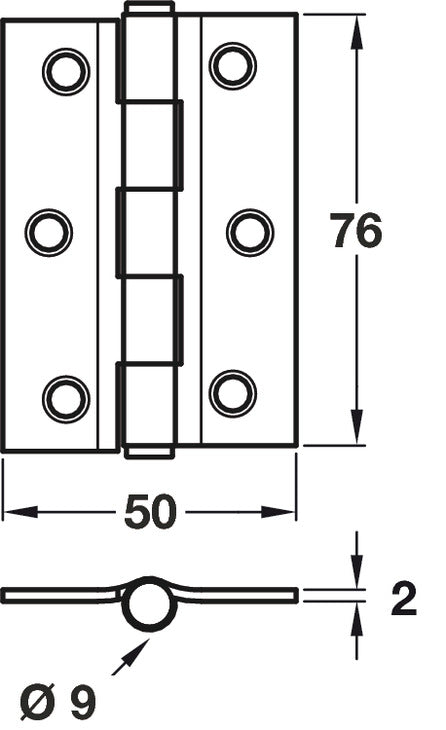 2x Butt Hinges Steel Black 75mm CLR