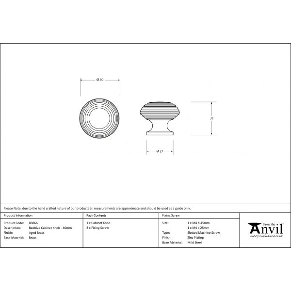 Aged Brass Beehive Cabinet Knob 40mm