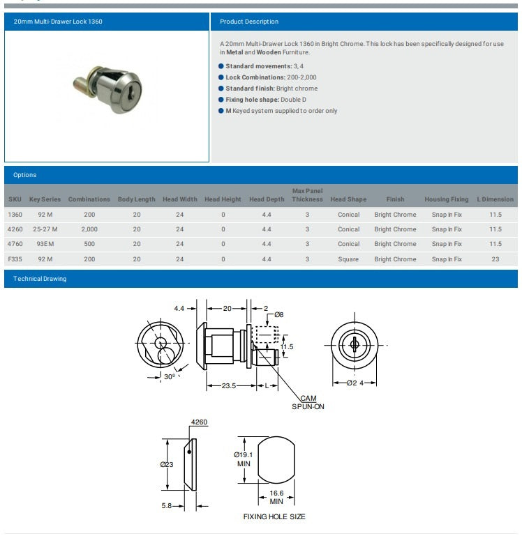 20MM MULTI DRAWER LOCK 1360