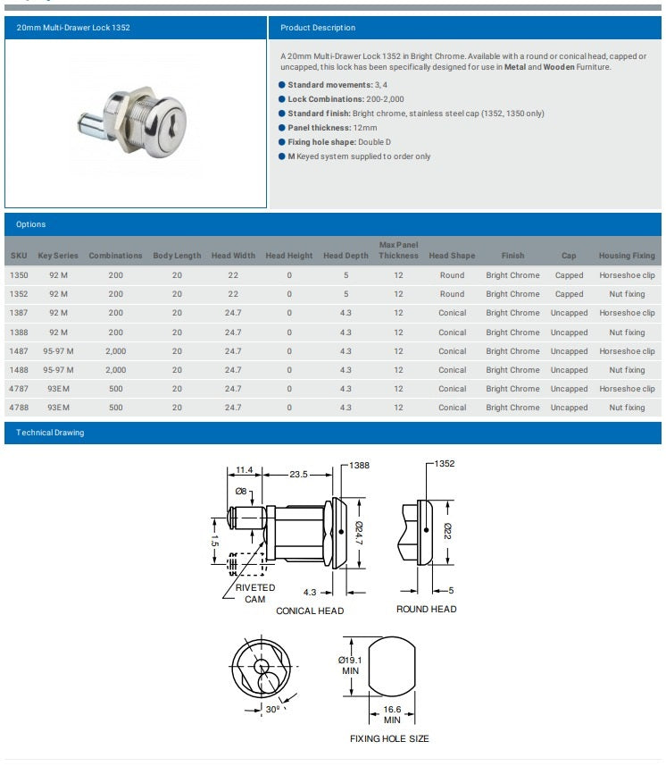 20MM MULTI DRAWER LOCK L&F 1352