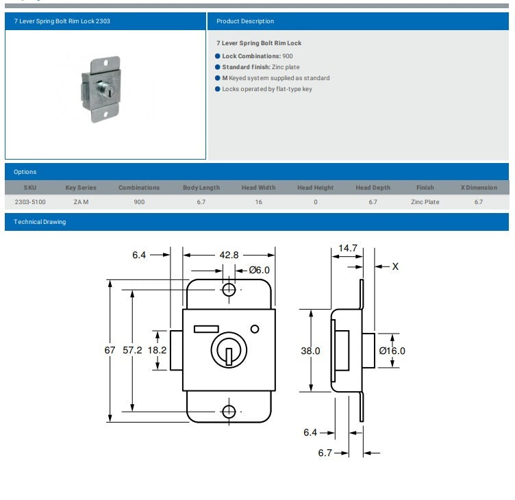 7 LEVER DEAD BOLT RIM LOCK 2303