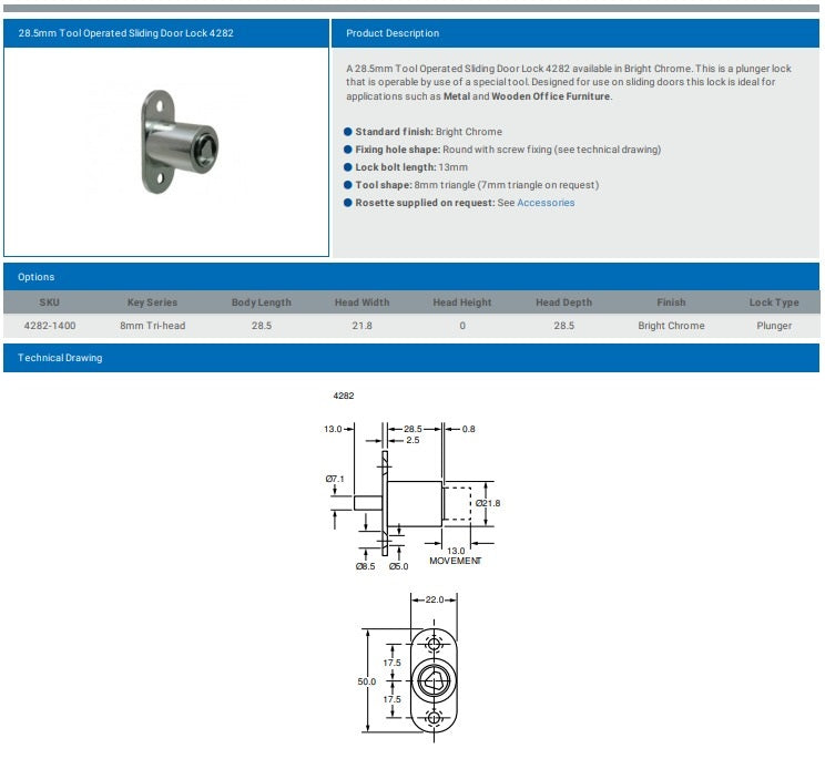 28.5MM TOOL OPERATED SLIDING DOOR LOCK L&F 4282