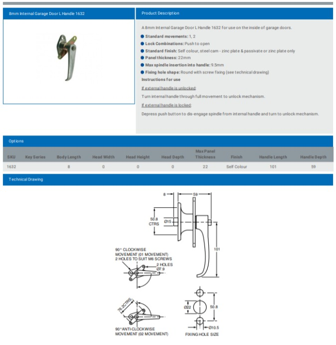 8MM INTERNAL GARAGE DOOR L HANDLE 1632