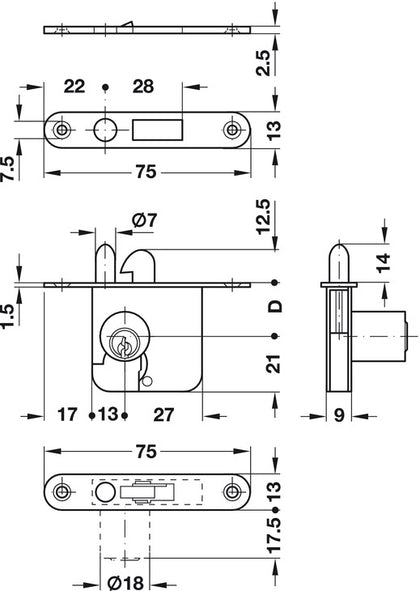 Roller Shutter Mortice Lock D18mm LH