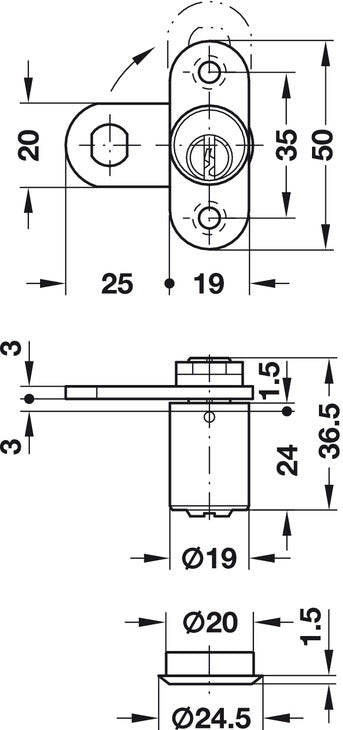 Cylinder Cam Lock w Trap 19mm Dif Dir.B