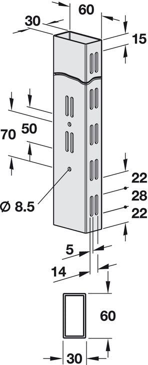 4 Side Column Dbl Slot 60x30x2115mm Slv