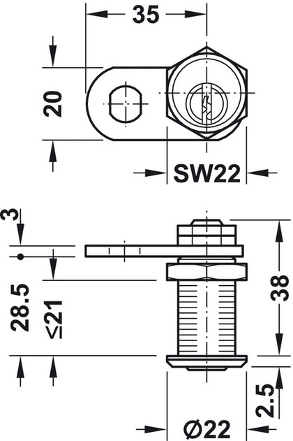 Cylinder Cam Lock 21mm PNP Dif Dir.B