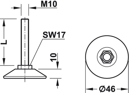 Adj Screw D46mm w Fixed Foot M10x50mm