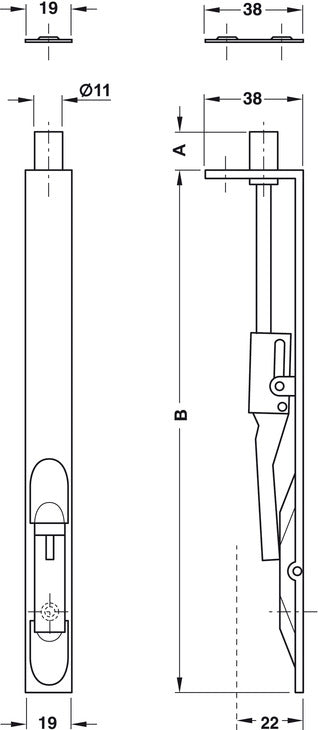 Lvr Act Flushbolt 254x19x38mm Brs SN