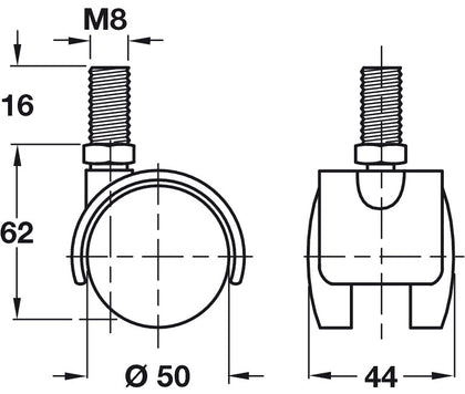 D50mm Twin Castor Swivel wo Brake M8 Bk