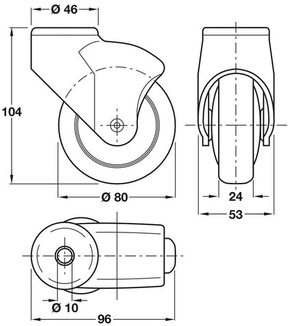 D80mm Castor Swivel wo Brake Pin Slv