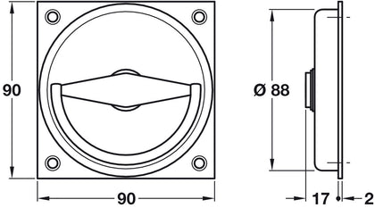 Flush Ring Hdl 90x90mm 8mm Spdl 304 BSS