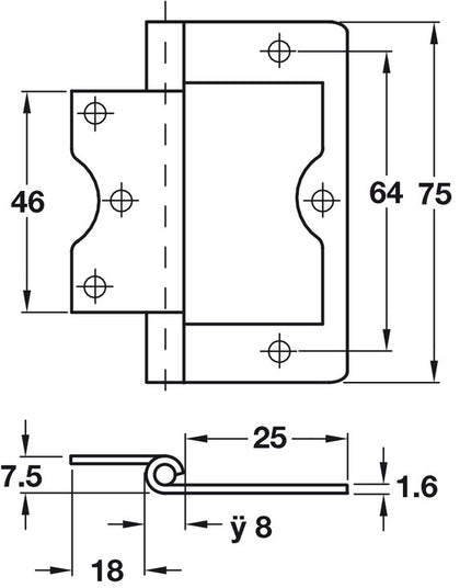 Flush Hinge 75x25mm LD Inset M.Steel EB