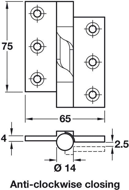Butt Hinge Rising 75x65mm ACW Brass PB