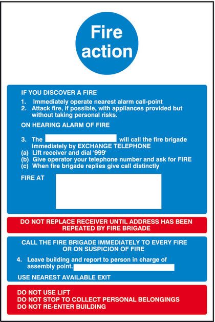 Sign 300x200mm-Fire action Wht/Blue/Red