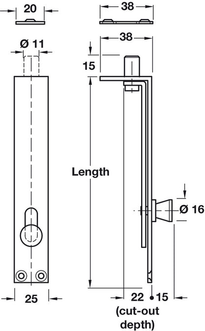 Knob Slide Flushbolt 152x25mm Brass SN