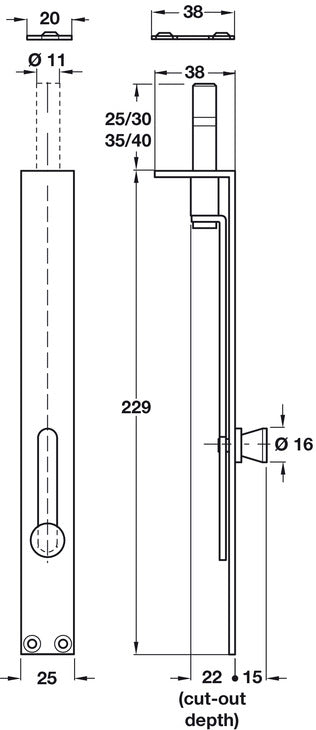 Knob Slide Flushbolt ExThr 229x25mm SN
