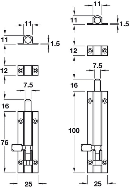 Barrel Bolt Straight 25x76mm Brass SC