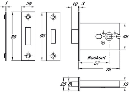 Mortice Toilet Cubicle Lock 57/76mm PB