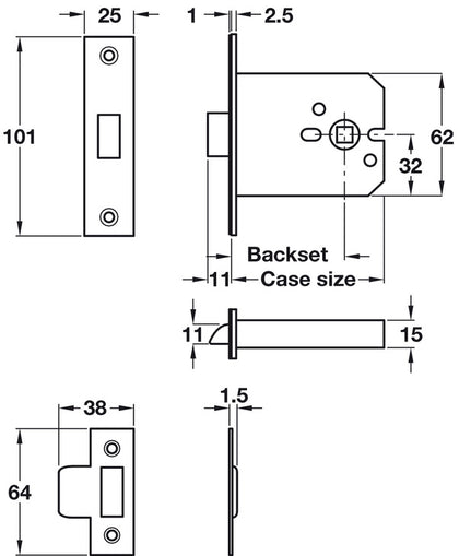 Mortice Box Latch 76mm SB