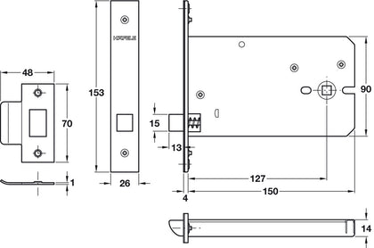Mortice Latch Horiz 127/150mm Brs SB