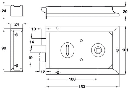 Rim Lock 2 Lvr/Bolt 153x101x20mm Brs PB