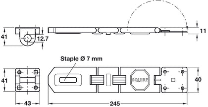 Hasp+Staple Double Hinge  245mm St Bl
