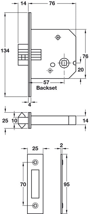 Mortice Clawbolt Bath Lock 8/57/76mm PB