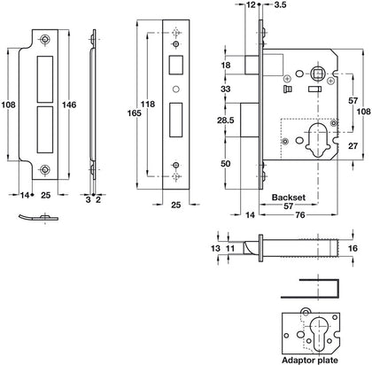 Std Mortice Cyl Sashlock 57/76mm SSS