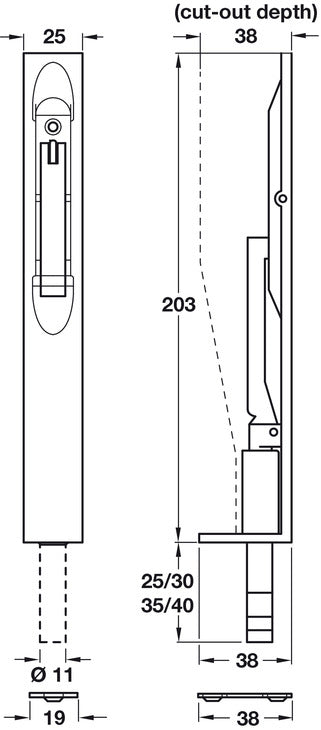 Lvr Act Flushbolt ExThr 203x25x38mm PC