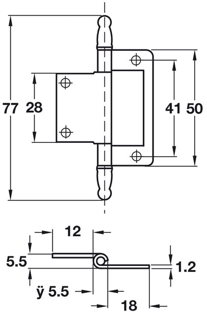 Flush Hinge 77mm MD Inset St/ZA EB