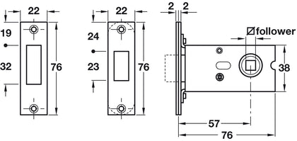 Mortice Bath Deadbolt 8/57/76mm SSS