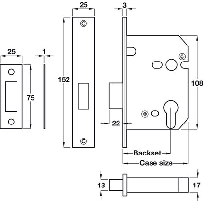 Mortice Cyl Deadlock Case 44/64mm SSS