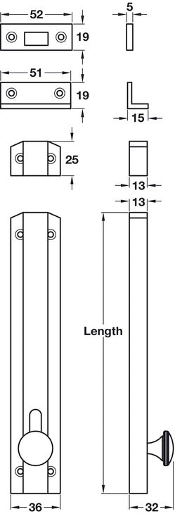 Knob Slide/Surface Bolt 152mm Iron BPC