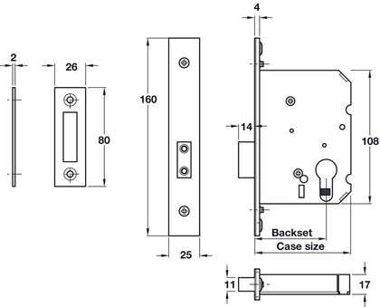 Mod Mortice Cyl Deadlock 57/76mm SSS