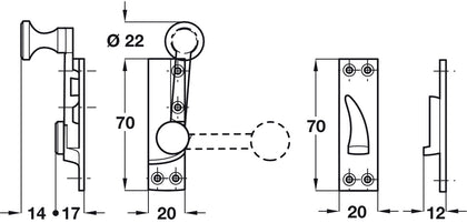 Sash Fastener Quadrant Arm 70mm Brass PC