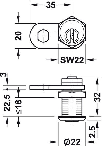 Cylinder Cam Lock 22mm PNP H1 Dir.B