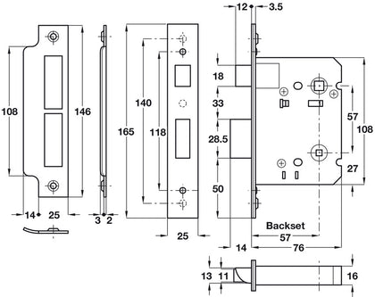 Std Mortice Bathlock 57/76mm SSS