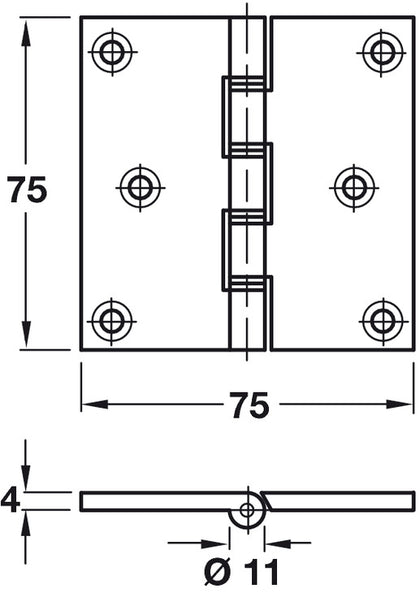 Butt Hinge Proj DPBW 75x75mm Brass Self