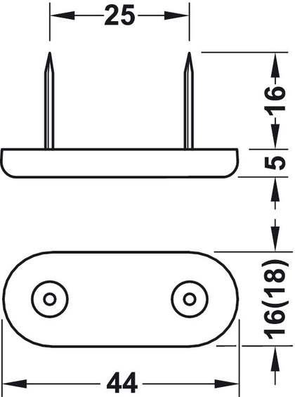 Pin Type Glide 44x18mm w 2 Nails Pl Wht