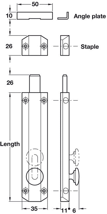 Knob Slide/Surface Bolt 152mm Brs PC