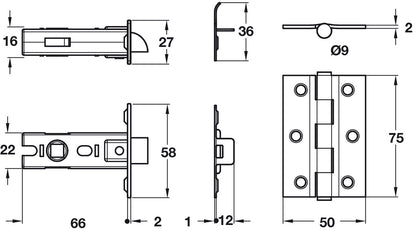 Mort.Latch Bolt w.3 Hinges Satin Nickel