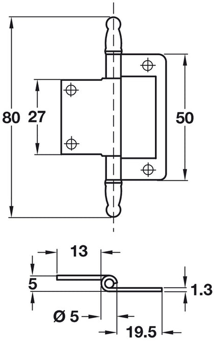 Finial Flush hinge 50mm EB - 2Pk