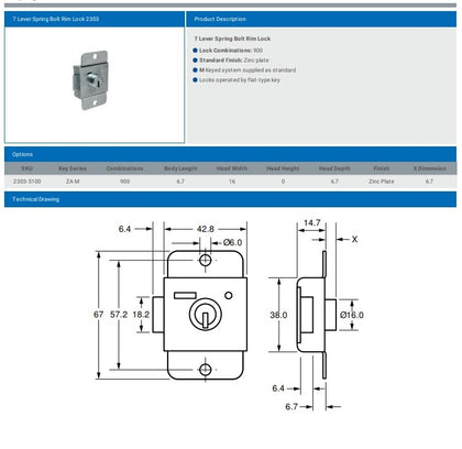 7 LEVER DEAD BOLT RIM LOCK 2303